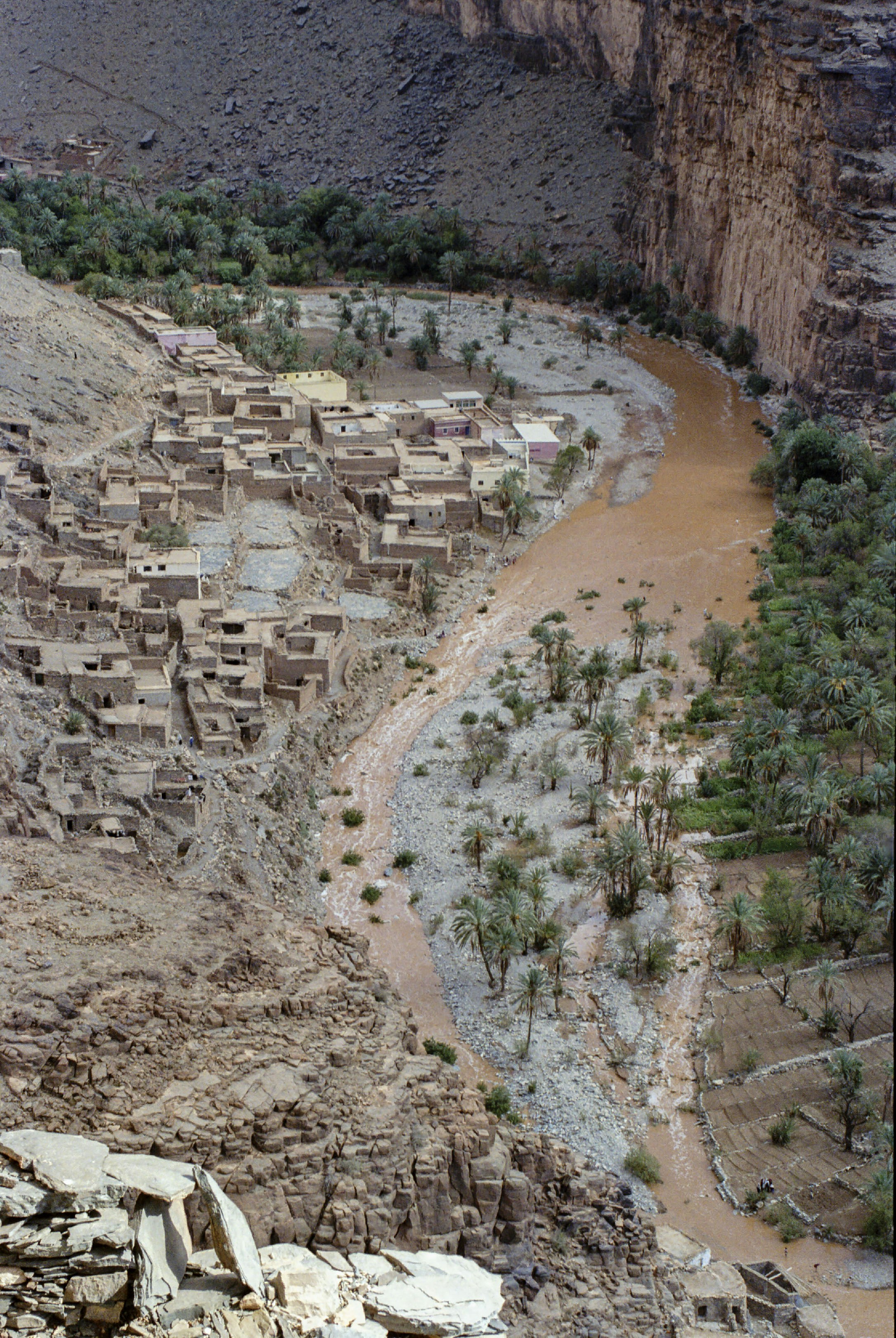 A river running through a canyon next to a mountain