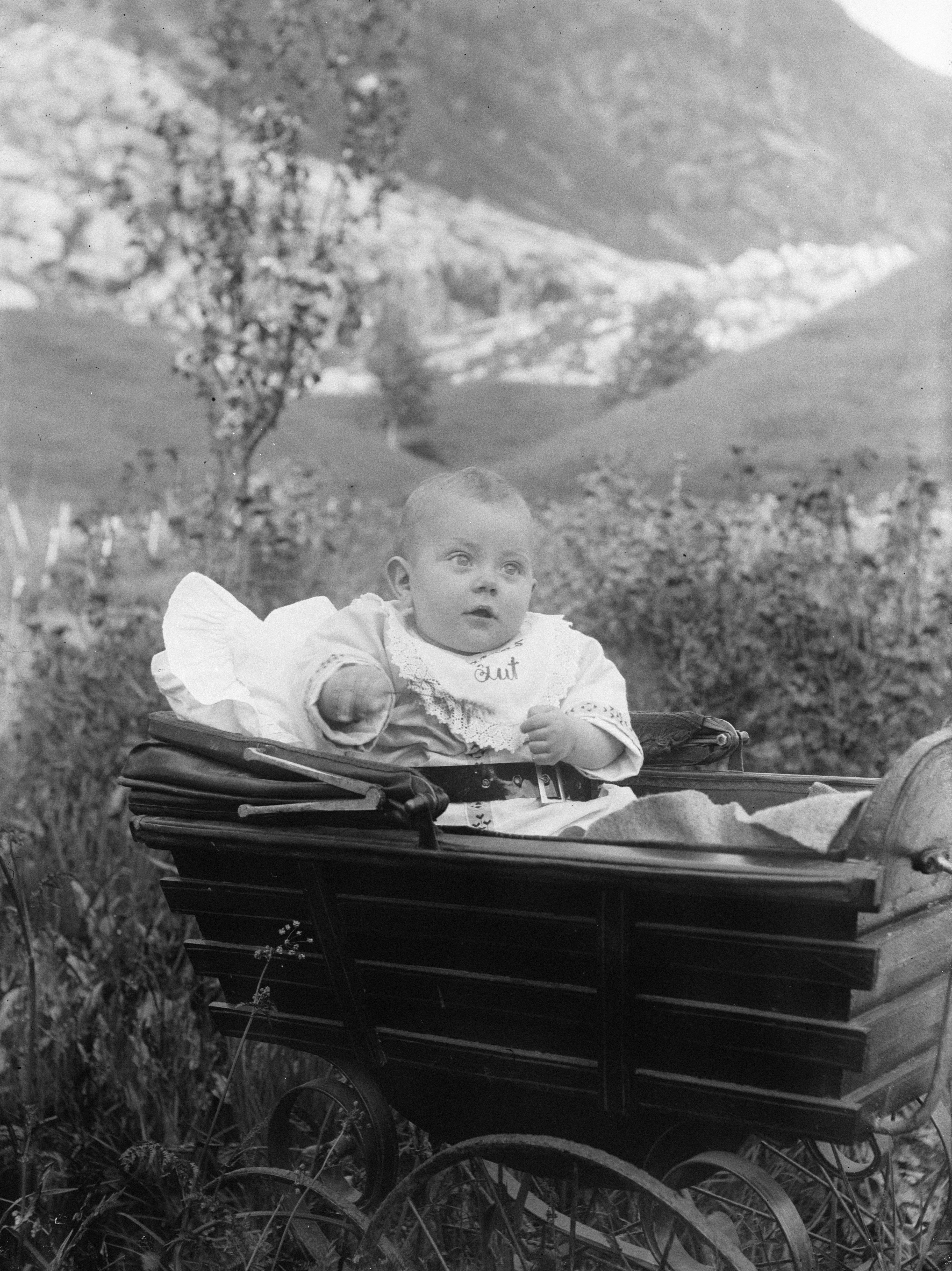 Bambino in un passeggino vintage all'aperto con sfondo montano