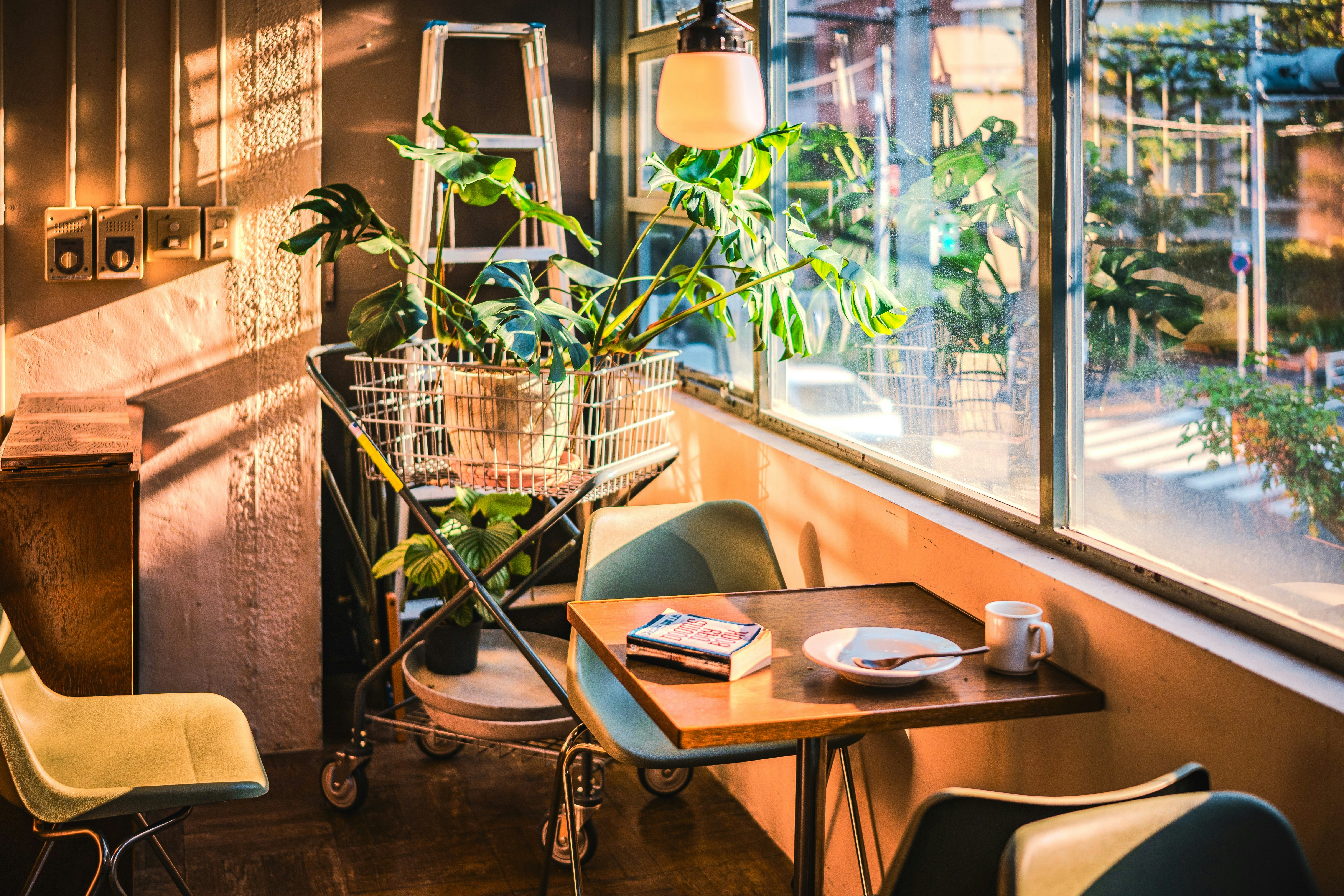 A room with a table, chairs, and a window