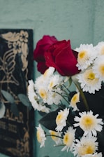 A vase filled with white and red flowers