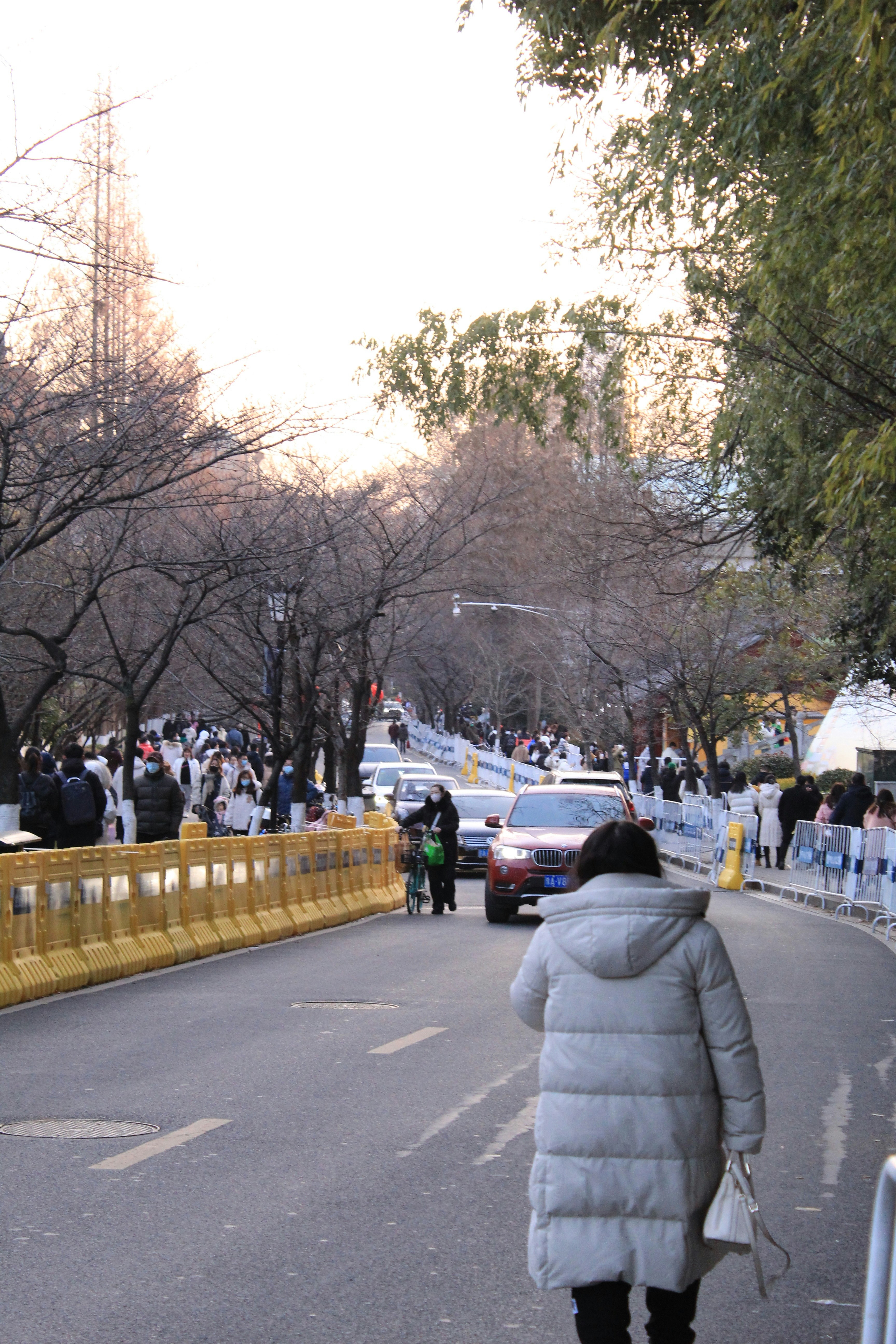 黄色いフェンスの横の通りを歩いている女性