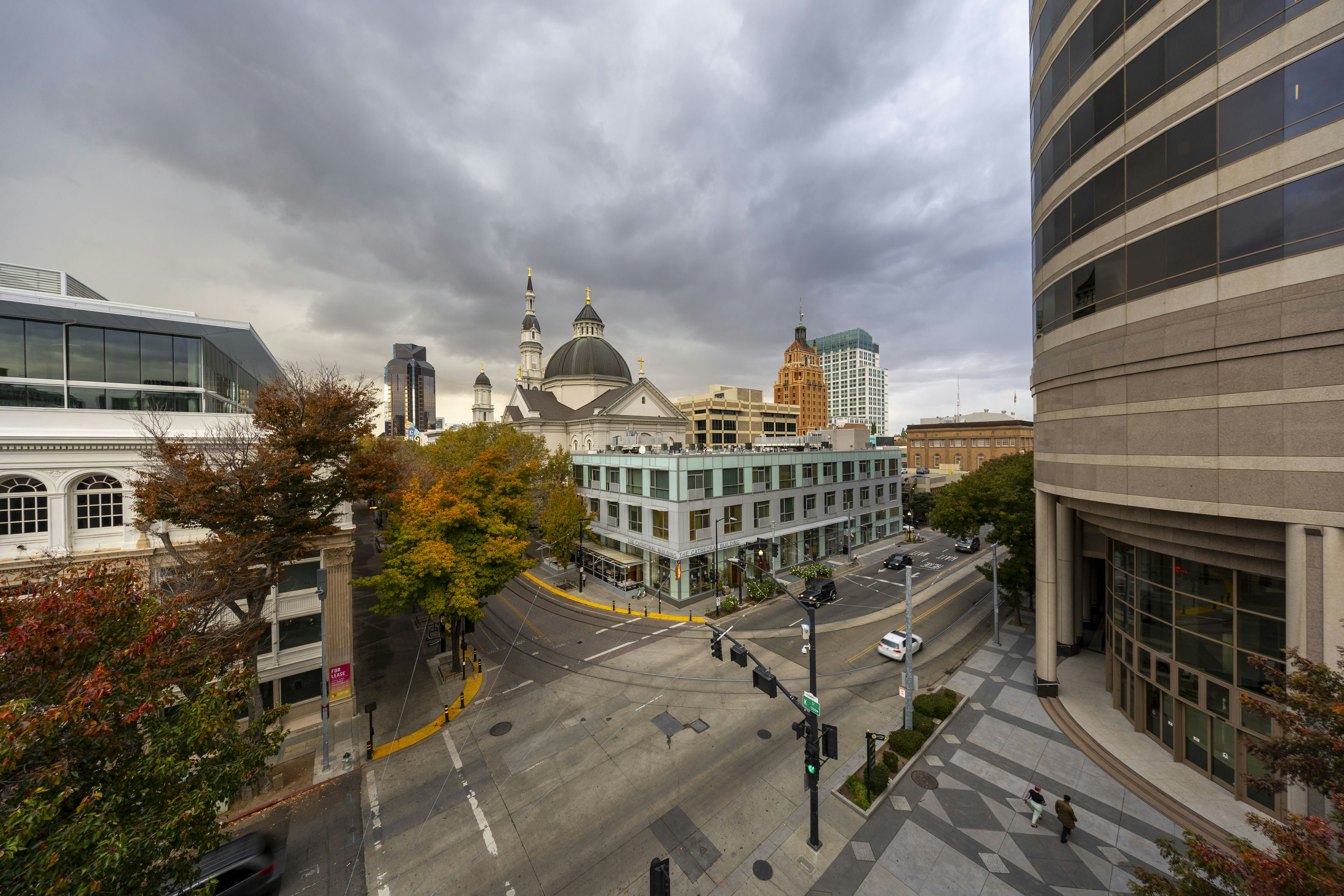 A wide angle view of a city street