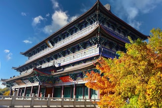 A tall building sitting next to a lush green forest