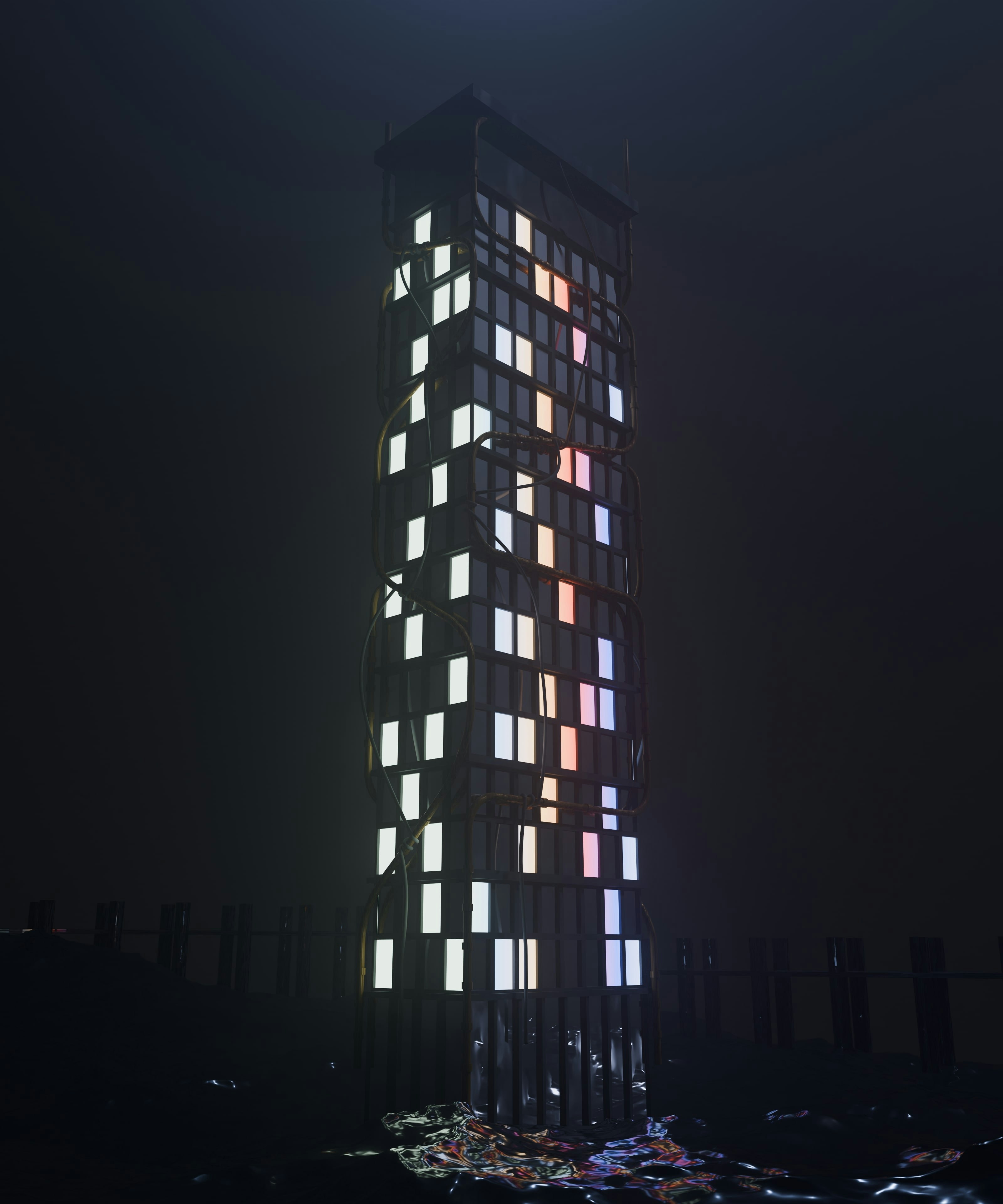 A tall building with many windows lit up at night