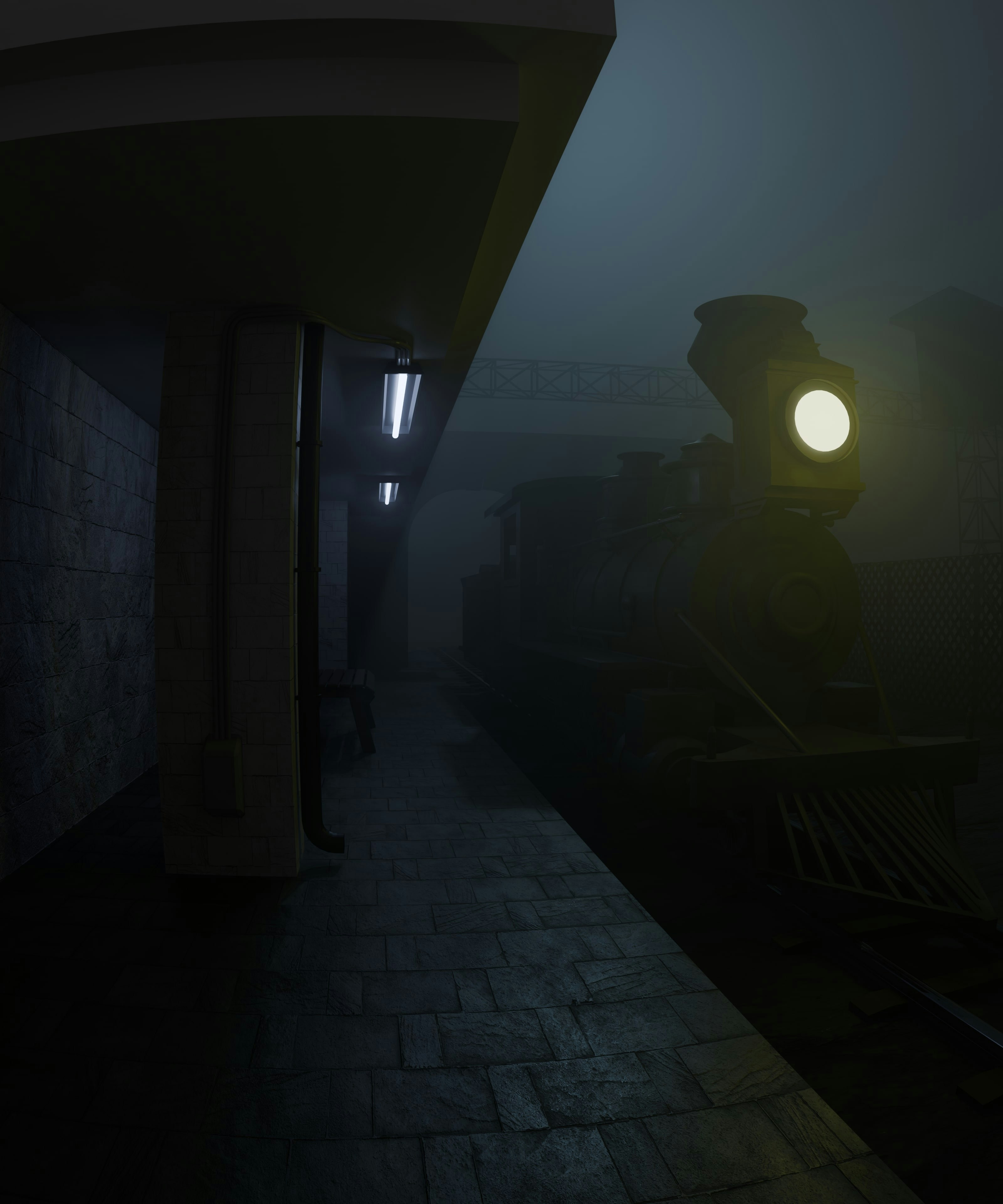 A train traveling through a foggy train station