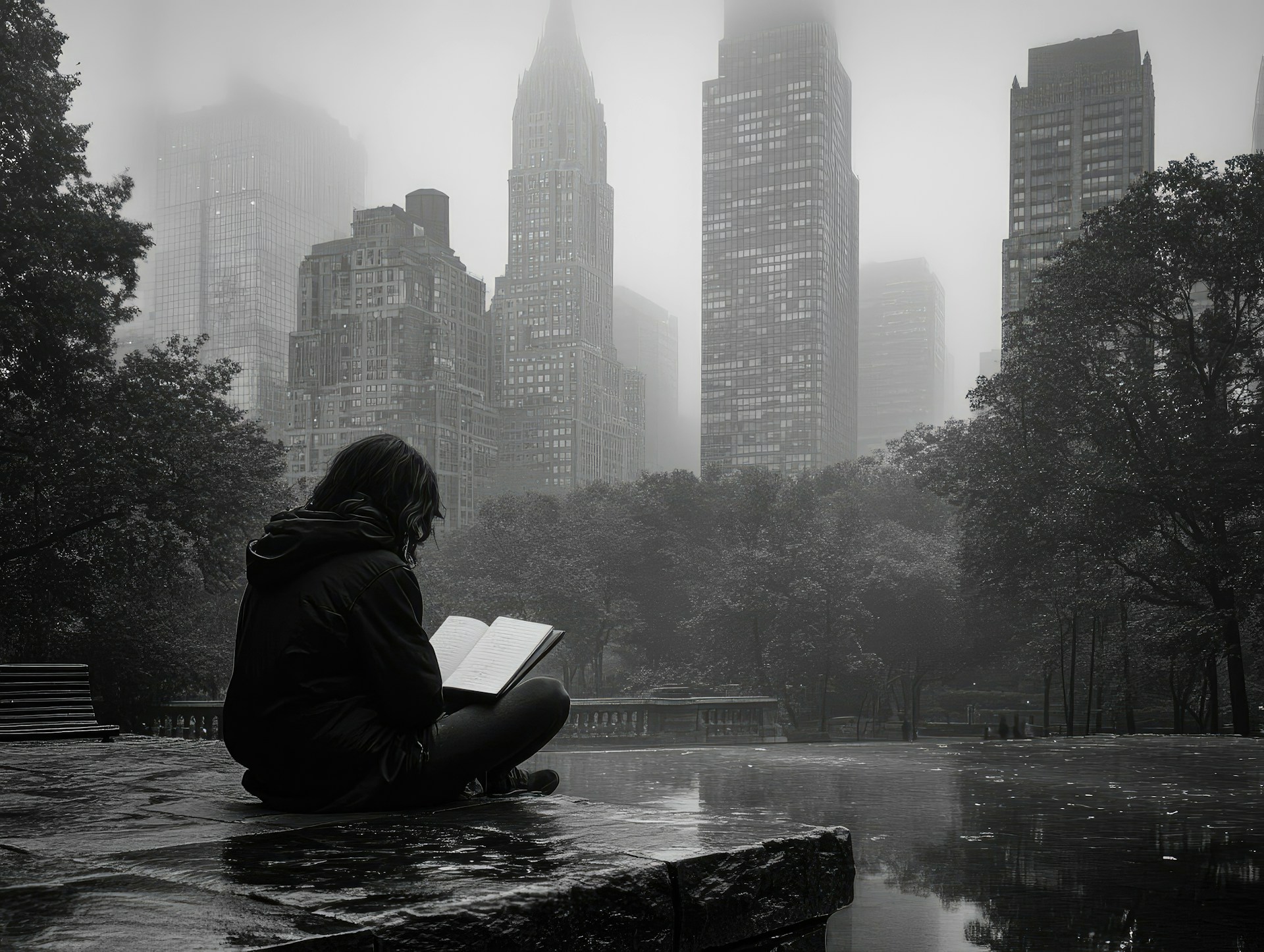 A person sitting on a bench reading a book