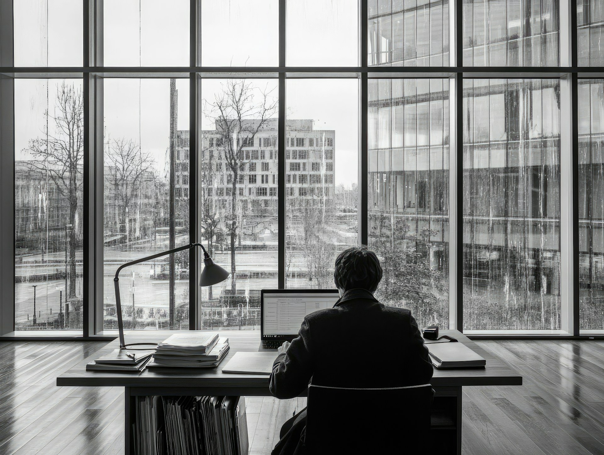 A person sitting at a desk in front of a window