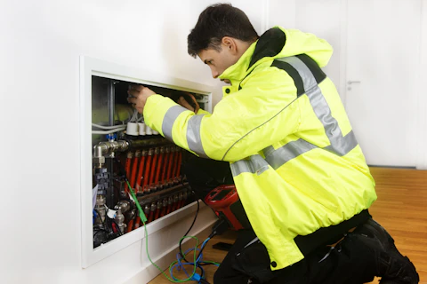 Electrician inspecting an open distribution panel during a site visit