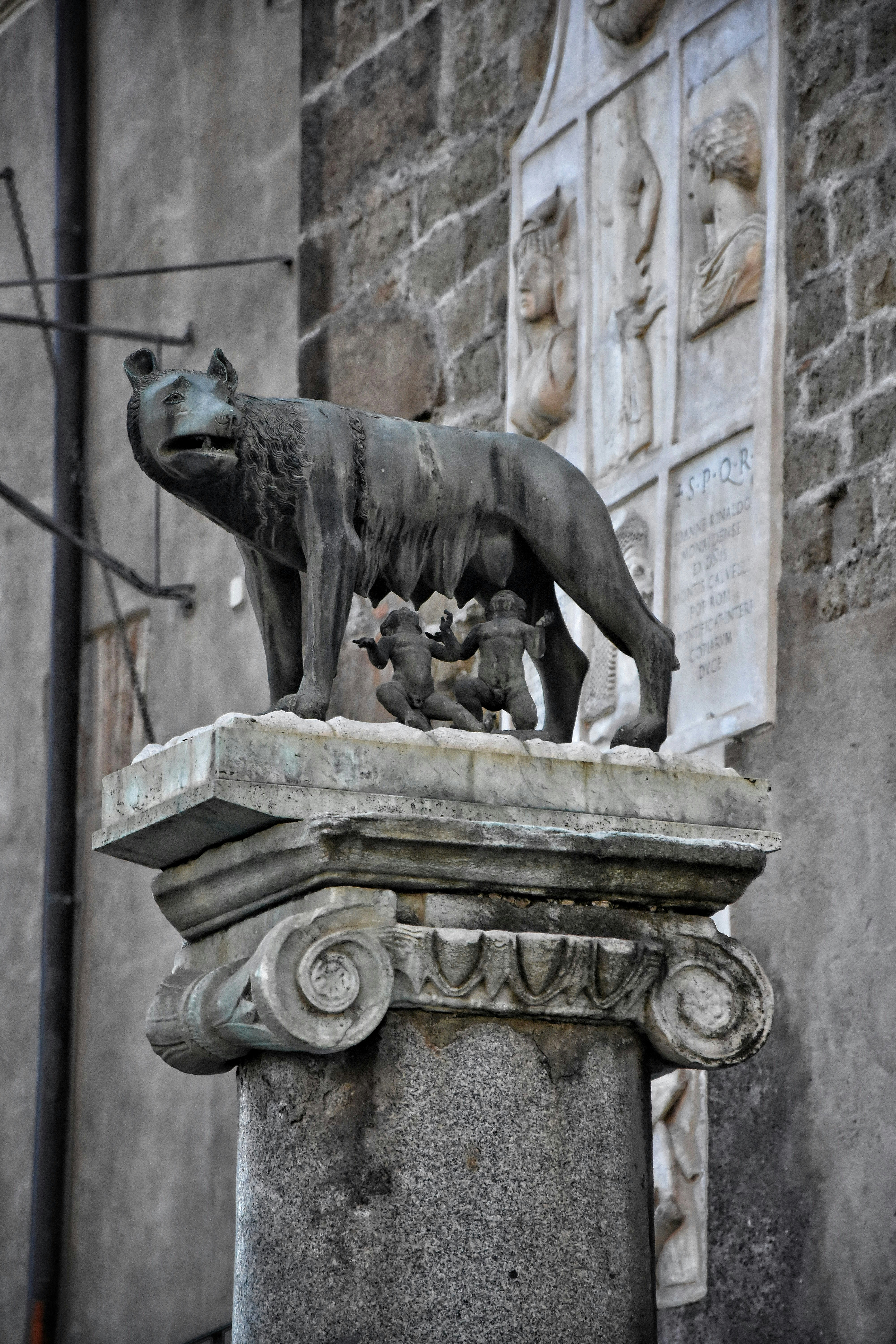 A statue of a dog on a pedestal in front of a building