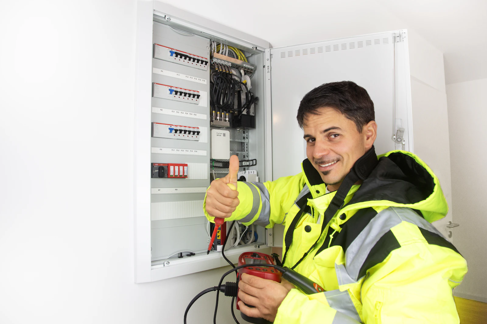 Electrician giving a thumbs-up after completing a modern electrical distribution panel installation