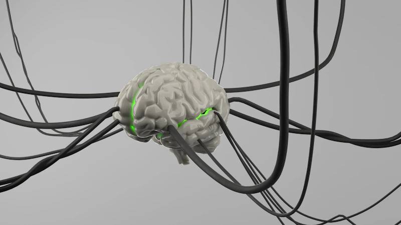 Computer generated image of a brain surrounded by wires representing brain-computer interface technology