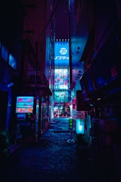 A dark alley way with neon signs on it