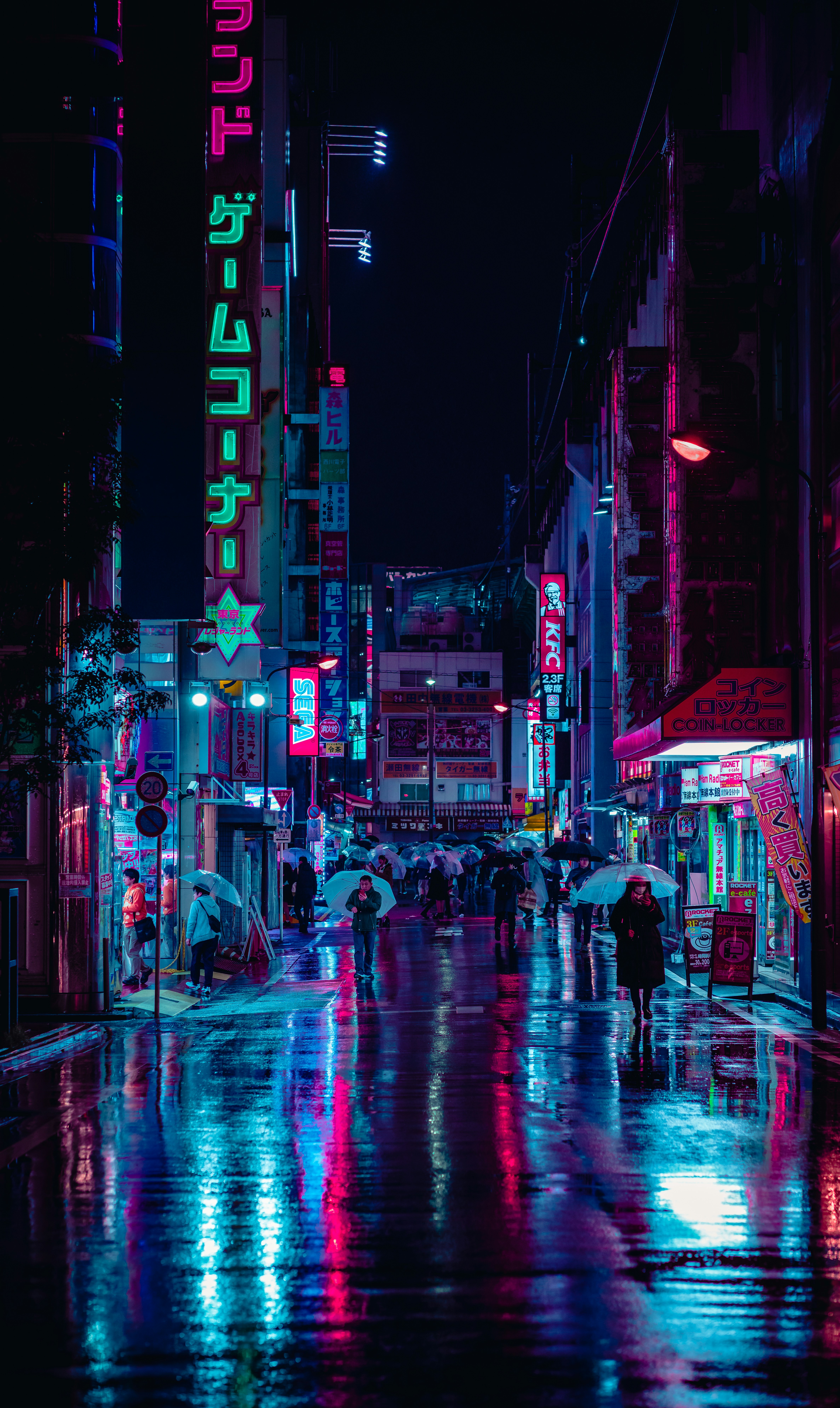 Neon city street at night