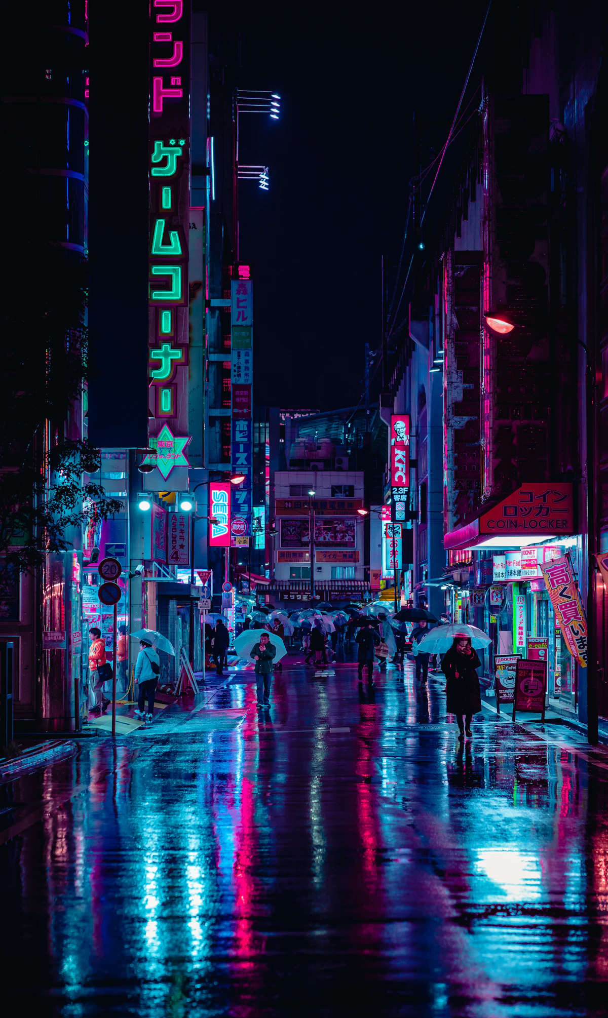 A lone figure walking down a narrow neon-lit alley at night