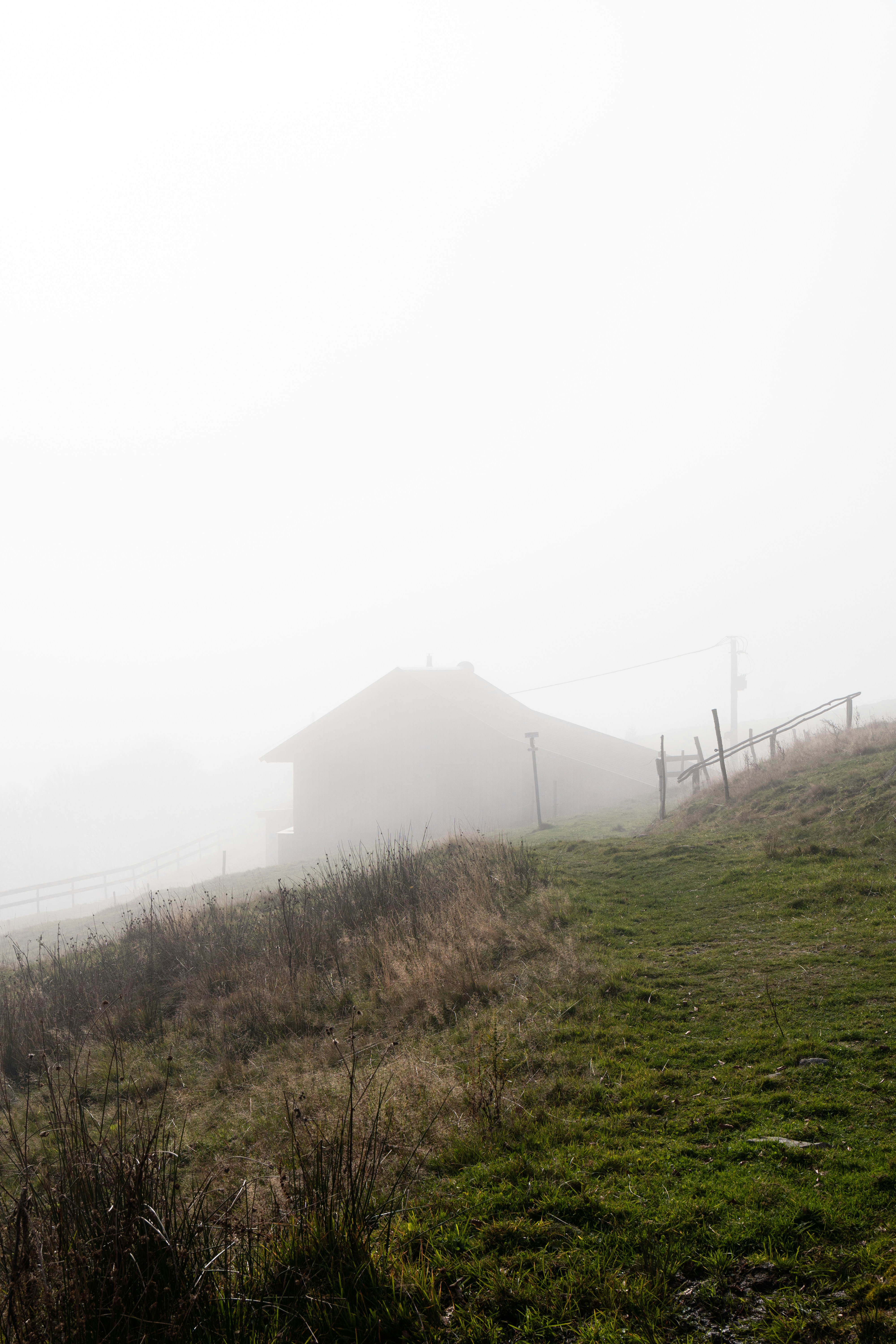 A foggy field with a house in the distance