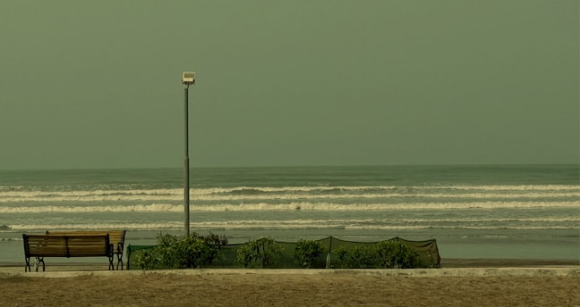 A bench sitting on top of a sandy beach next to the ocean