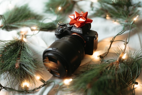 A camera sitting on top of a table covered in christmas lights