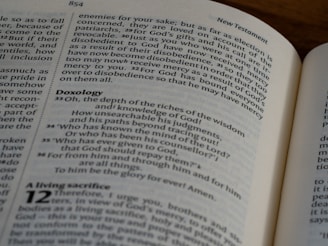 A close up of an open book on a table