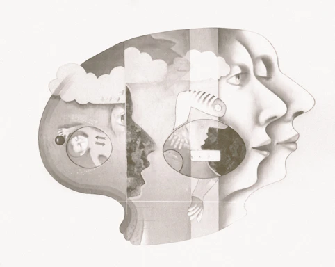 Surreal profile of faces and abstract elements.