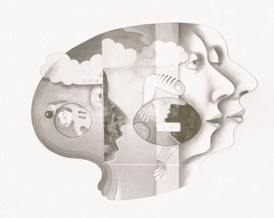 Surreal profile of faces and abstract elements.