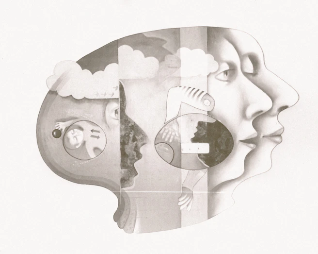 Surreal profile of faces and abstract elements.
