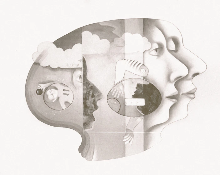 Surreal profile of faces and abstract elements