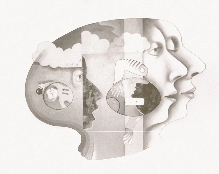 Surreal profile of faces and abstract elements