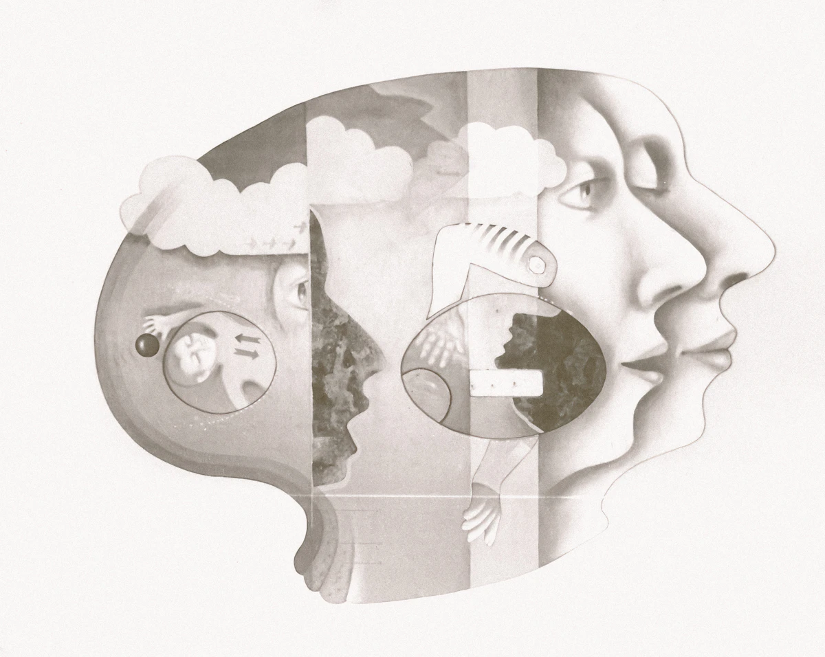 Surreal profile of overlapping faces, representing layers of inner thought