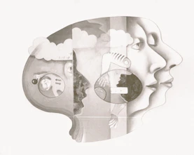 Surreal profile of faces and abstract elements.
