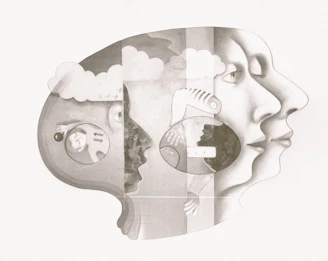 Surreal profile of faces and abstract elements.