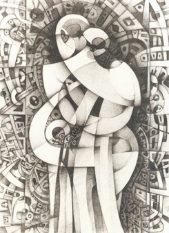 Abstract drawing of embracing figures with intricate patterns