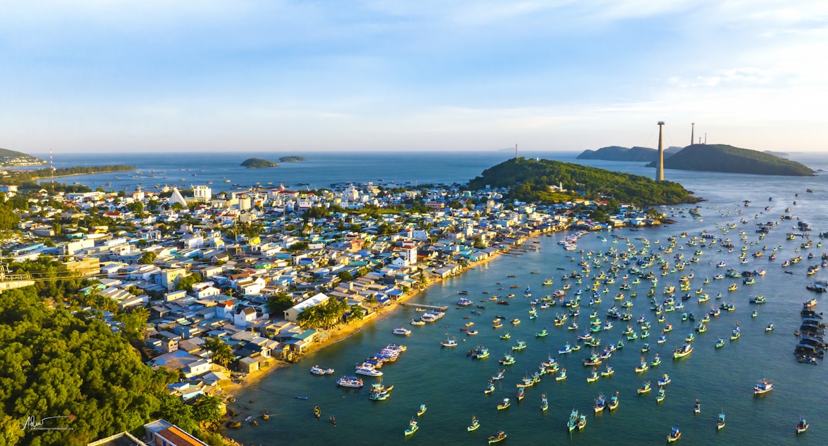 Phu Quoc October — An Thoi harbor with fishing boats as the monsoon slowly begins to ease