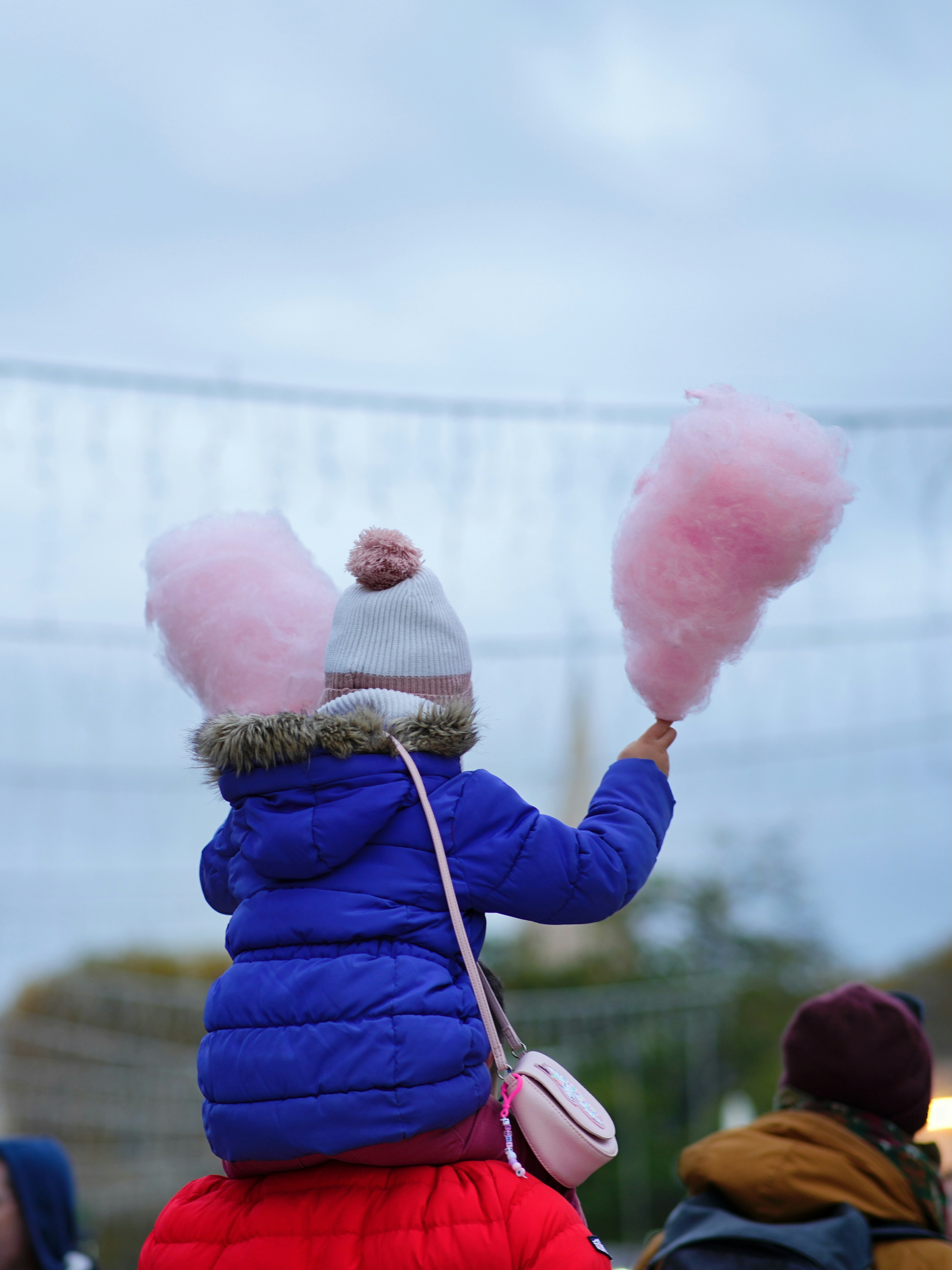 A person in a blue jacket is holding pink cotton candy