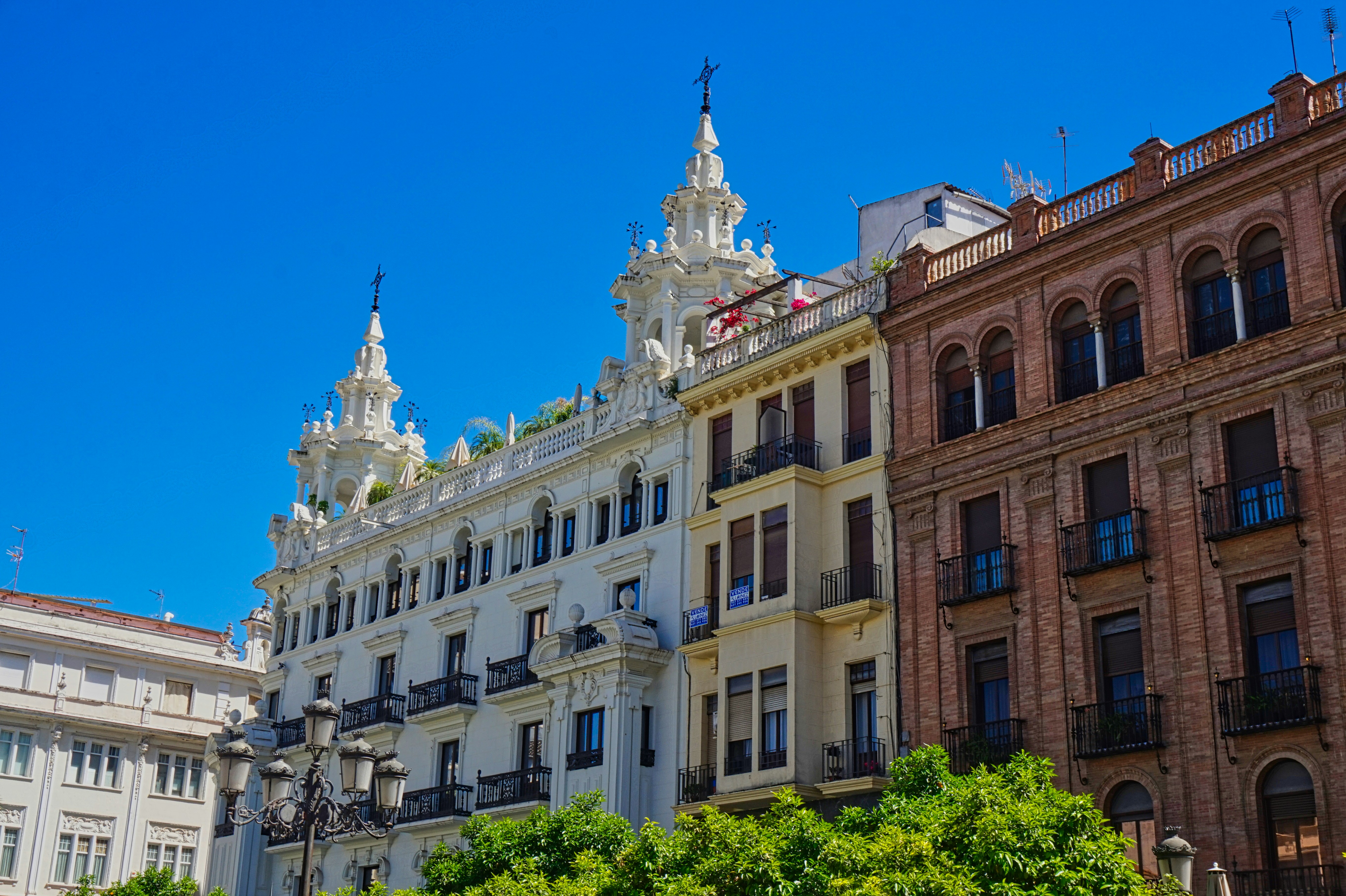 A row of buildings with trees in front of them