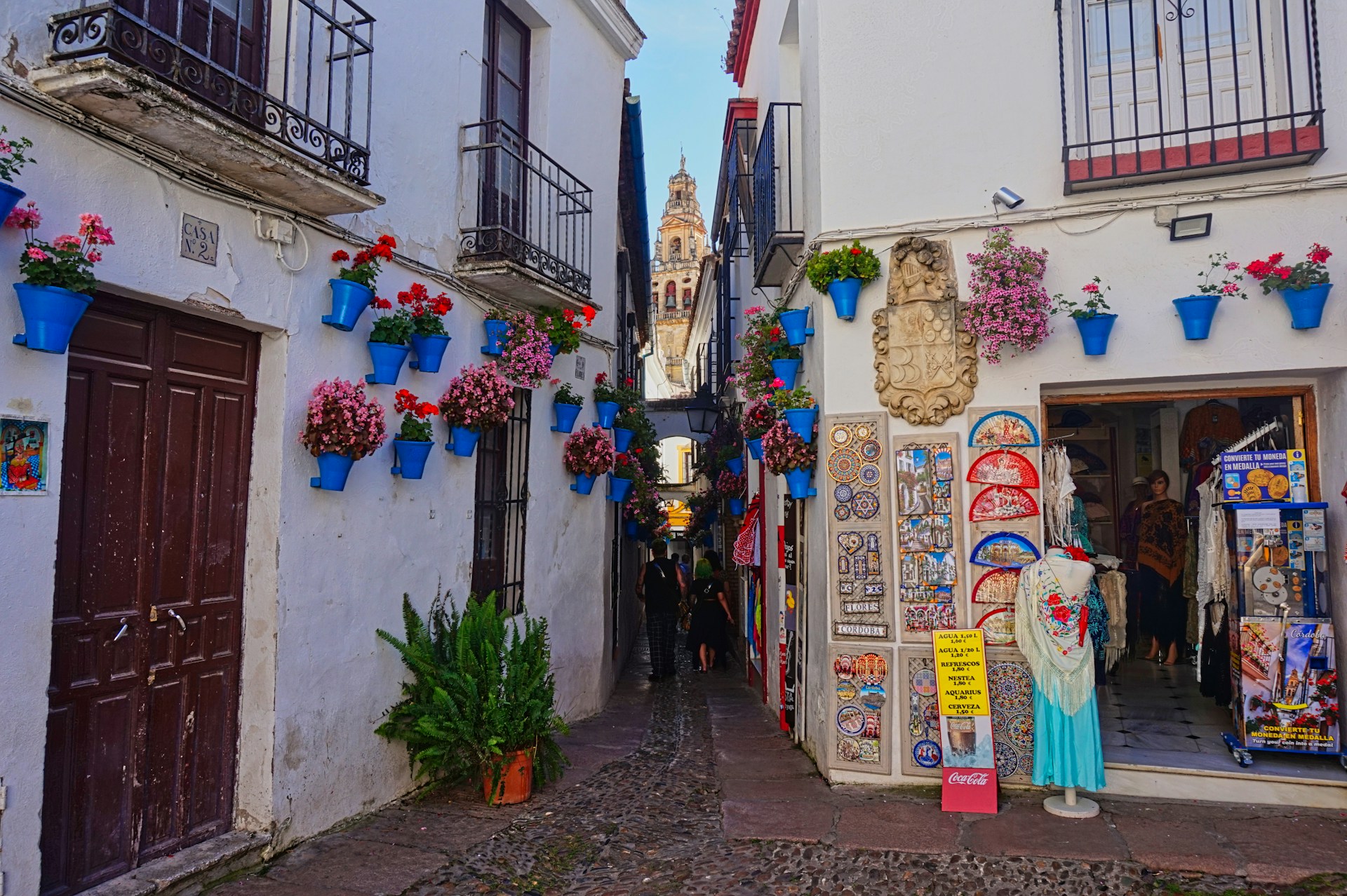 A narrow street with a few shops on both sides