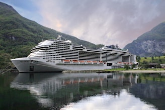 A cruise ship is docked in the water