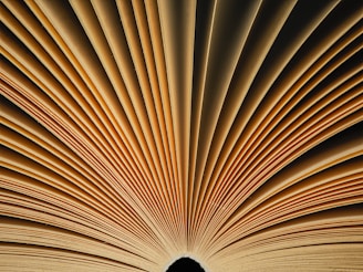 A close up of an open book with a black background