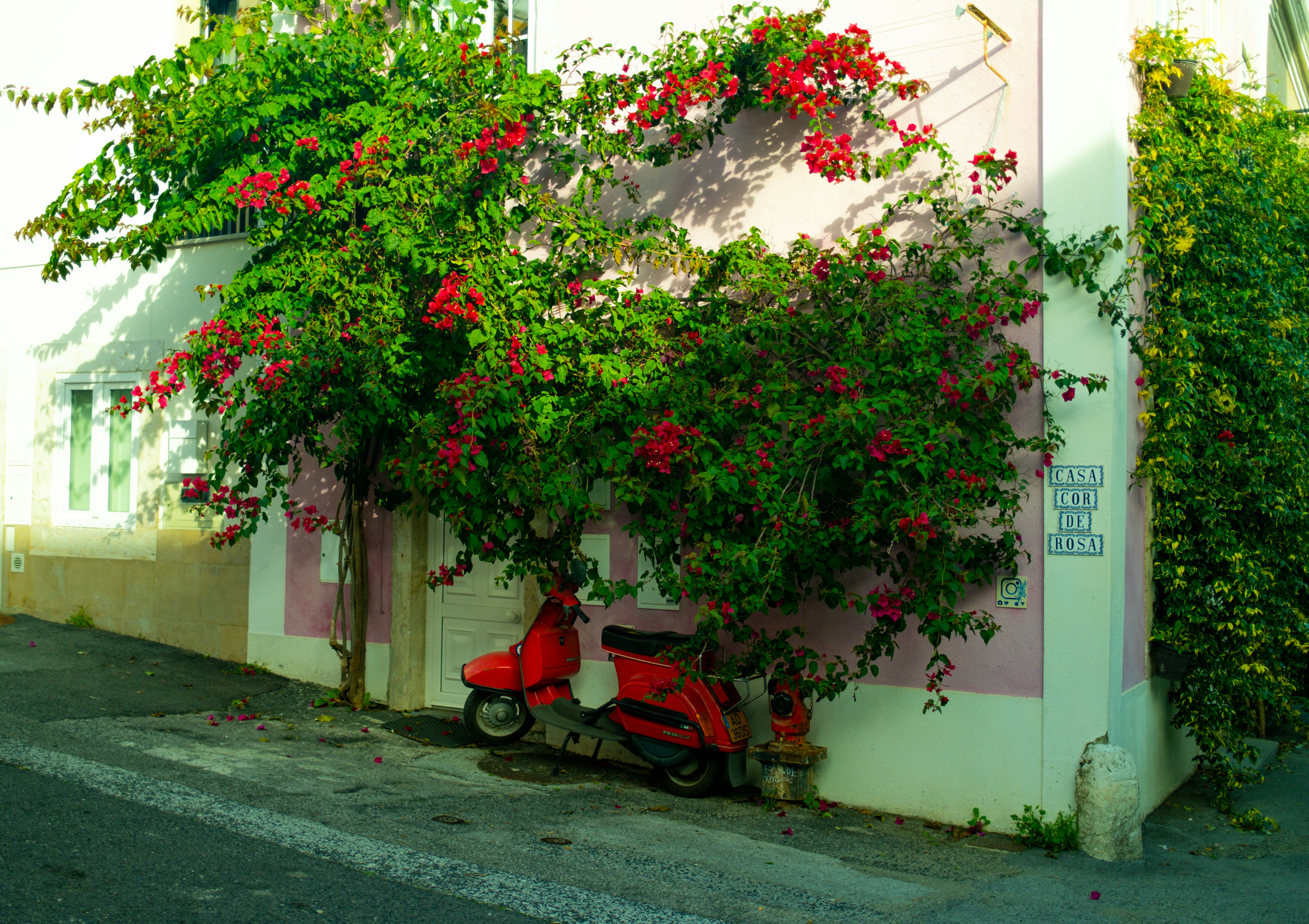 A red scooter parked in front of a house