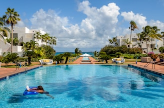 A large swimming pool surrounded by palm trees