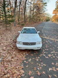 A white car parked on the side of a road