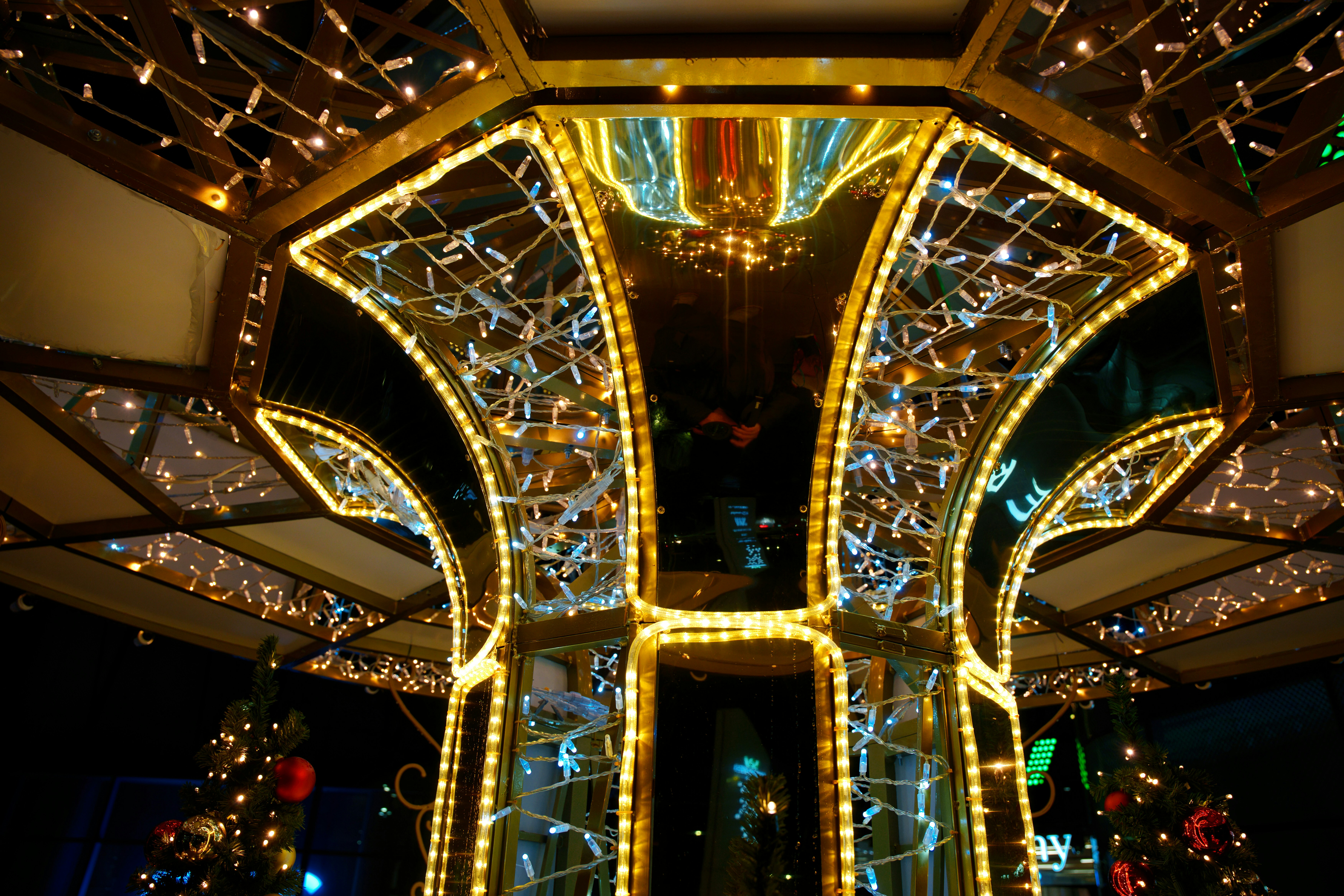 Inside a bus decorated with lights