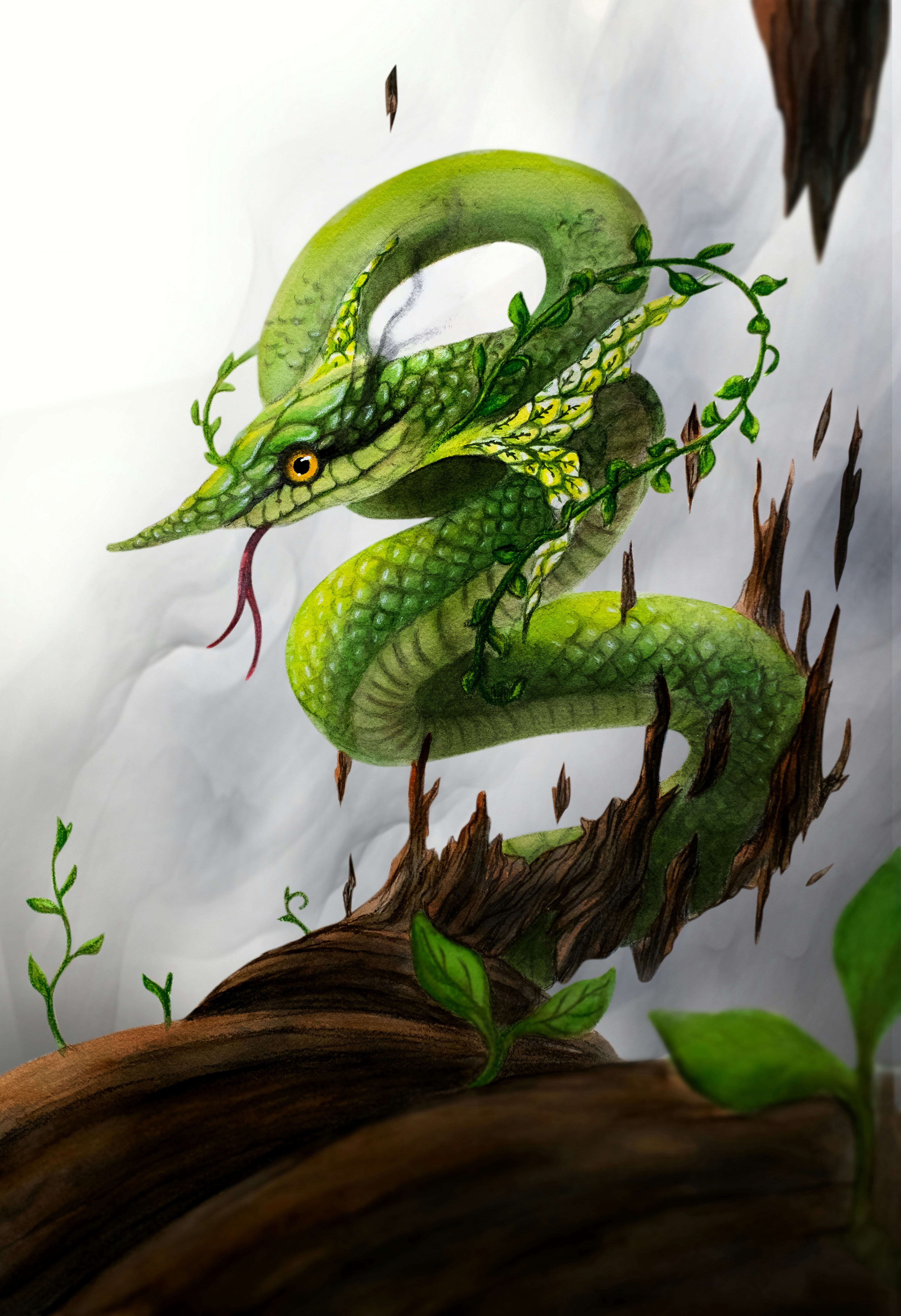 A painting of a green snake on a branch