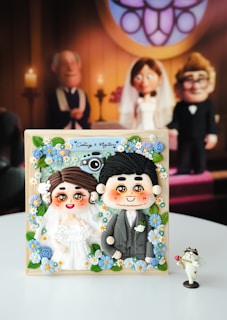 A picture of a bride and groom on a table