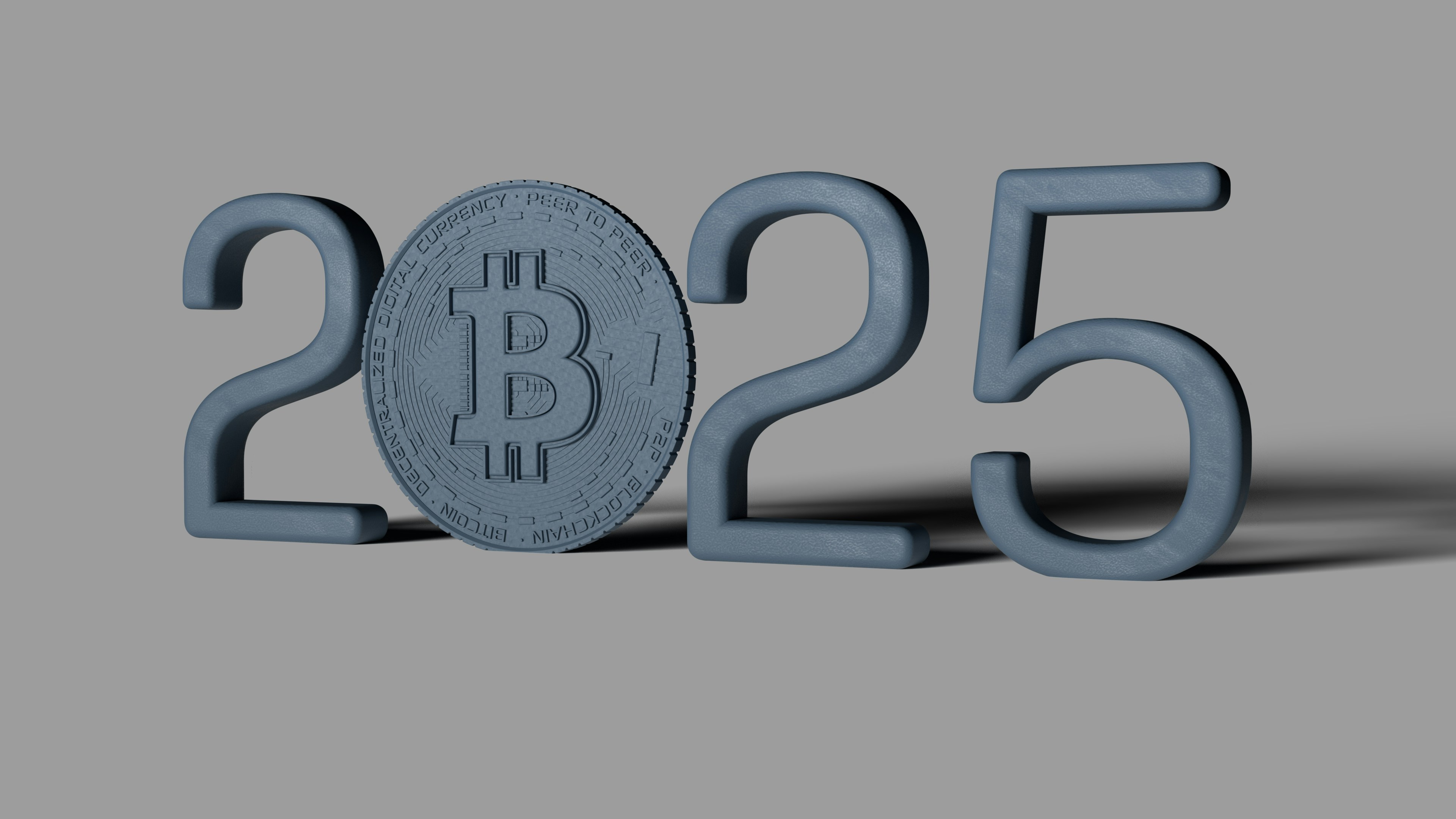 A blue bitcoin sitting on top of a gray surface