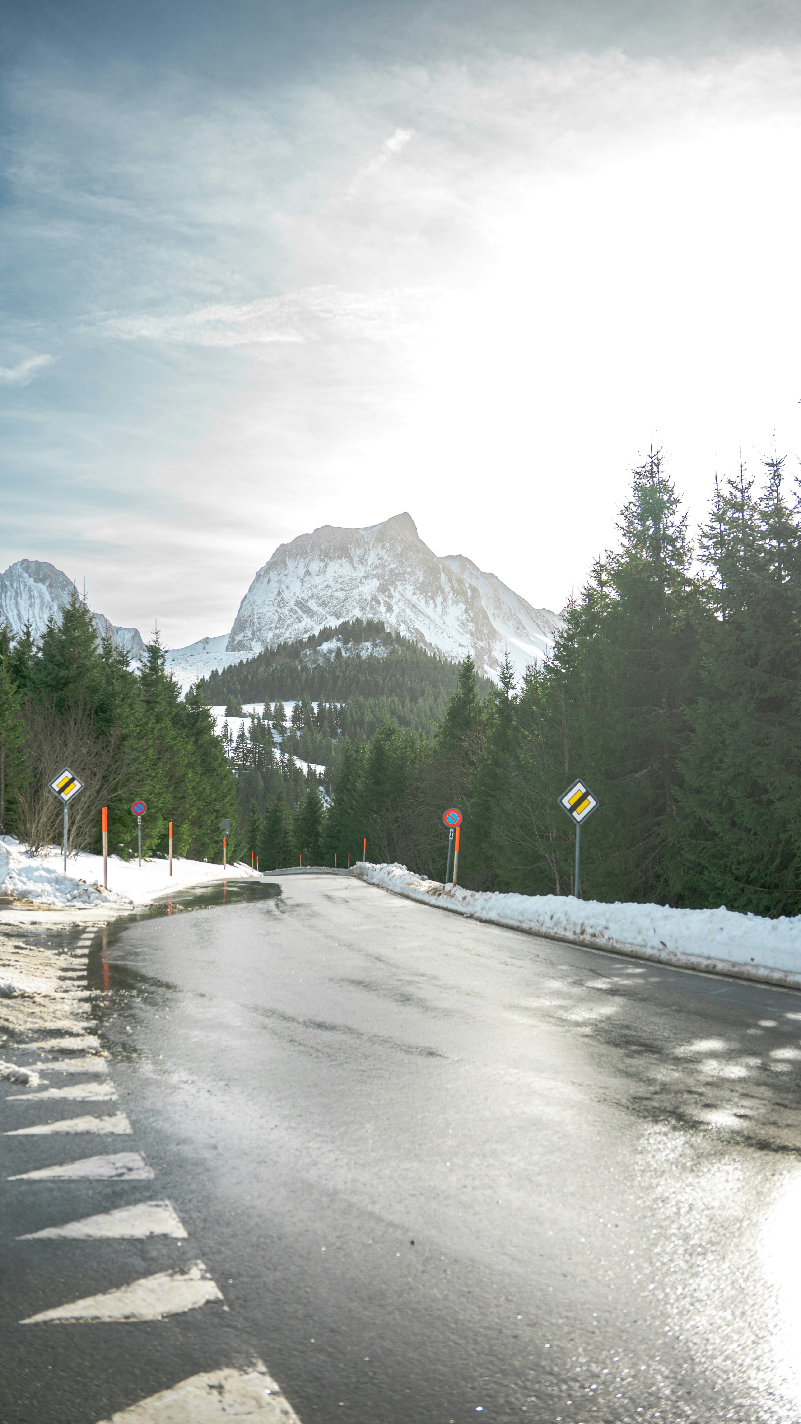 Eine schneebedeckte Straße mit Bäumen und Bergen im Hintergrund