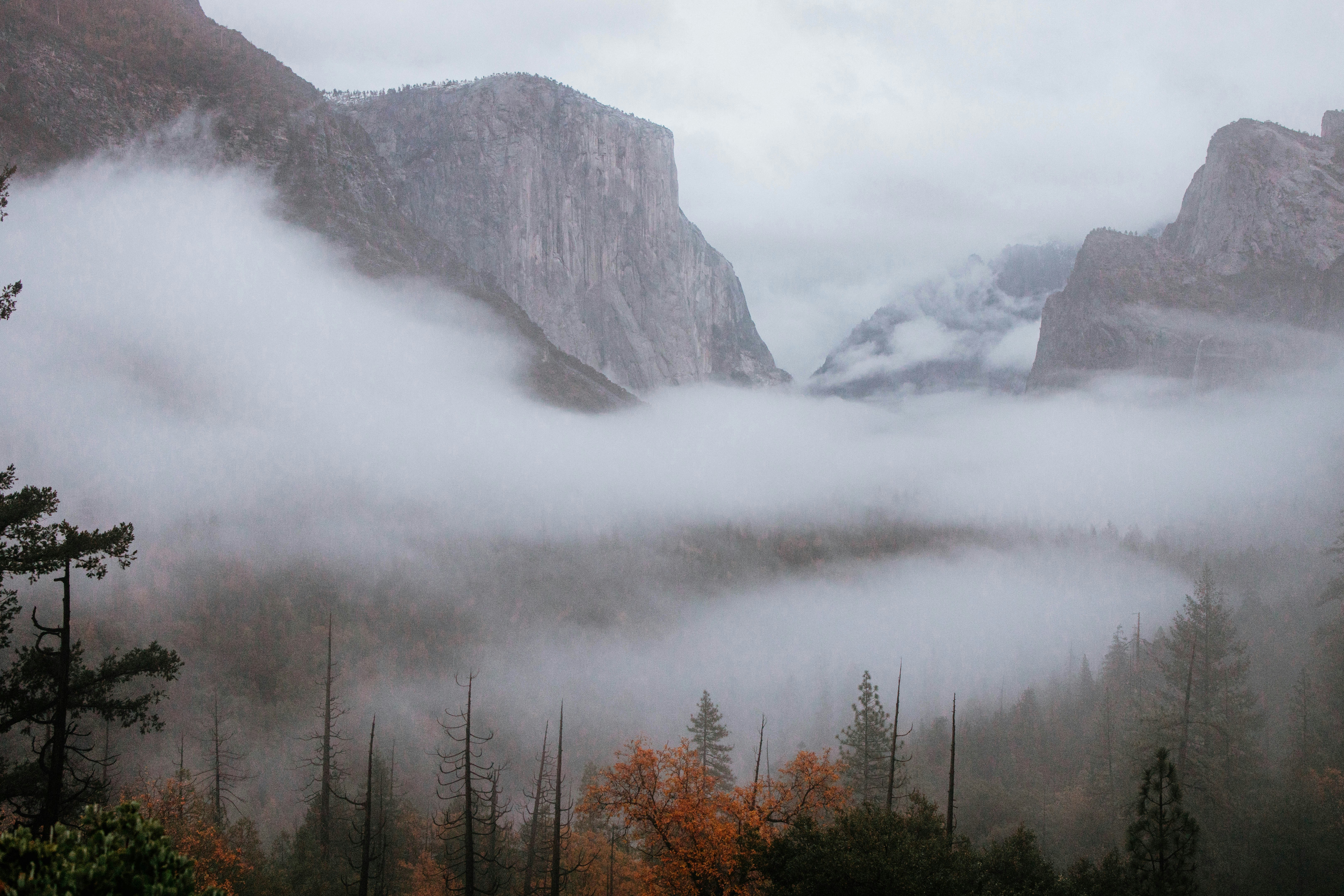 Ein nebliges Tal mit Bergen im Hintergrund