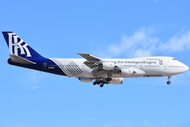 A large jetliner flying through a blue sky
