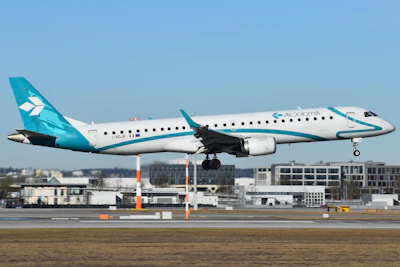 A large passenger jet taking off from an airport runway