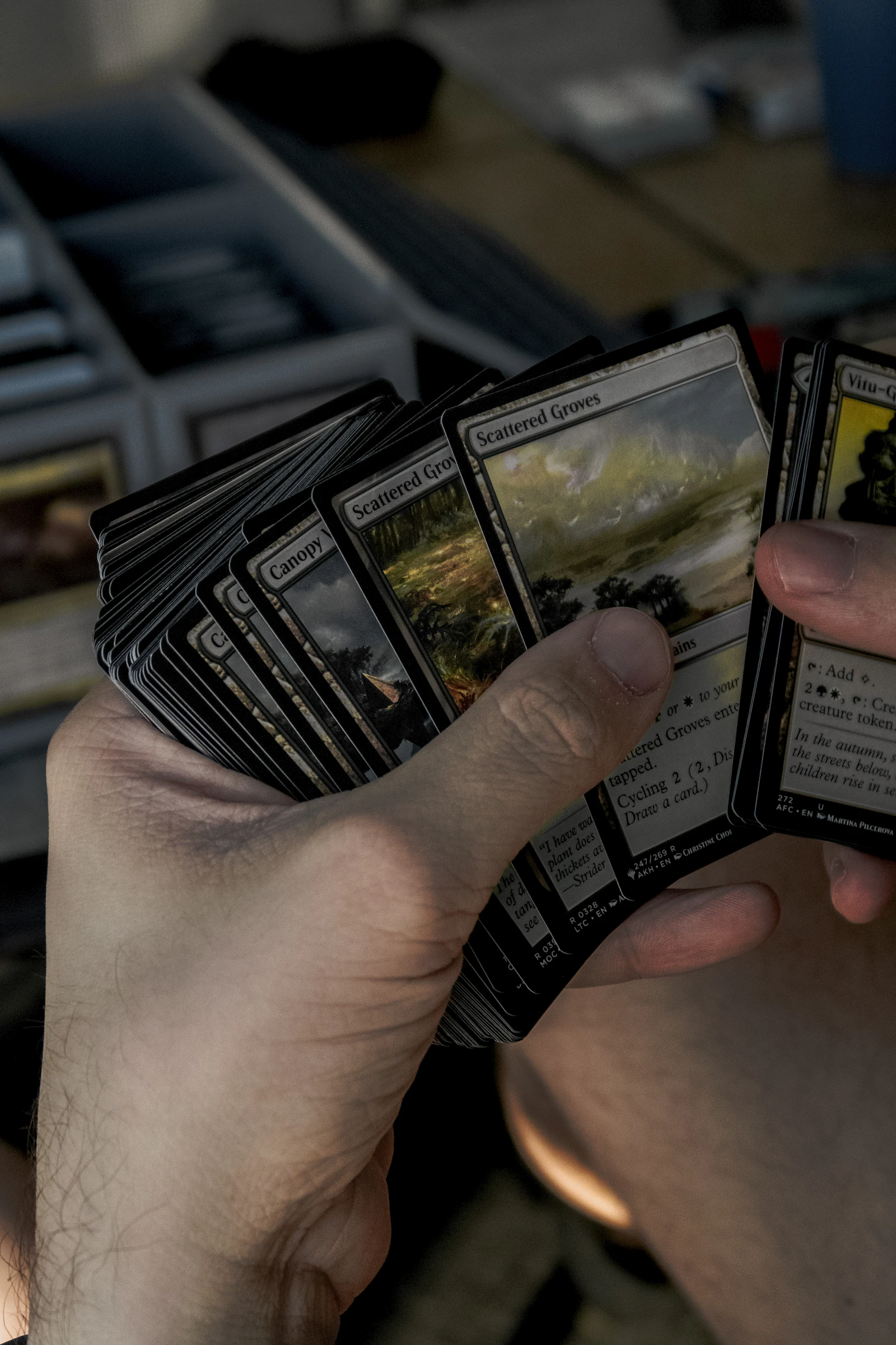 A pair of hands holding a fanned-out spread of playing cards