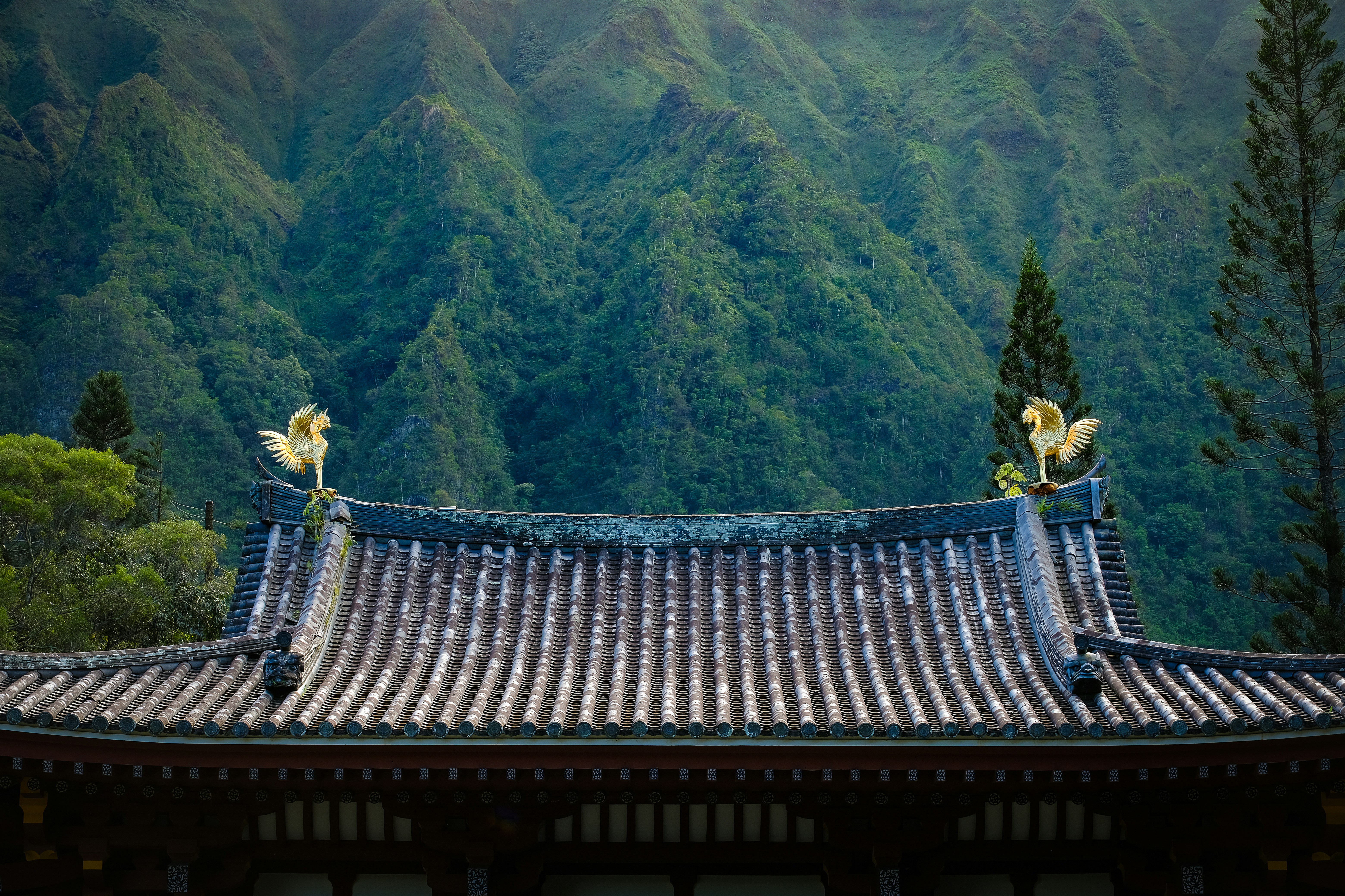 Um edifício com montanhas ao fundo